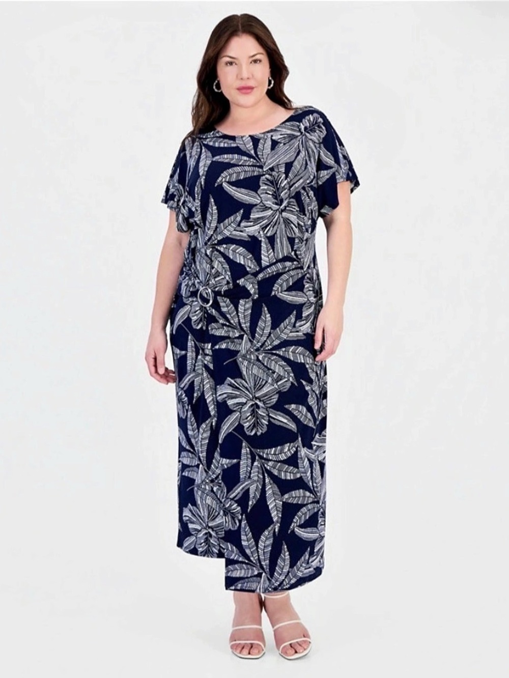 Robbie Bee Plus Size Printed Faux-Wrap O-Ring Dress Blue & White 3X